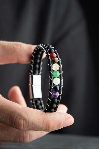 Nereze Chrome Plated 6 mm Chakra Natural Stone Men's Leather Bracelet