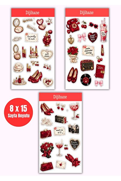 dijihane Cherry Glam Sticker Seti 3 Sayfa (8x15 cm) – Coquette, Vintage ve Ro...