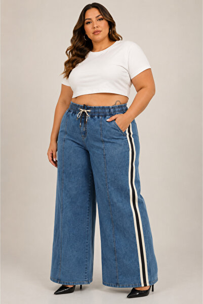 ZANESSİ FASHION Plus Size Denim Sport Stripe Detailed Wide Leg Women's Trousers