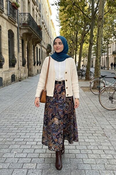 ZEROGAPRİSE Women's Belted Asymmetrical Ethnic Patterned Hijab Skirt