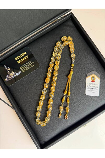 Kehribarstore Altın Parçacıklı Tesbih, Premium Kutu Ve Özel Harf Eklemeli, Erkek, Hediye, Kutuyaisim