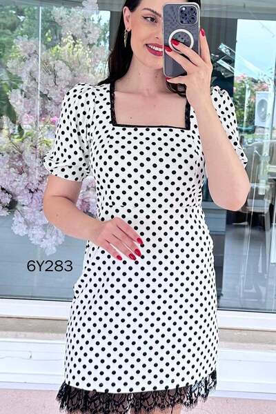 İnce Topuk Square Collar Lace Detailed Polka Dot Dress 6Y283