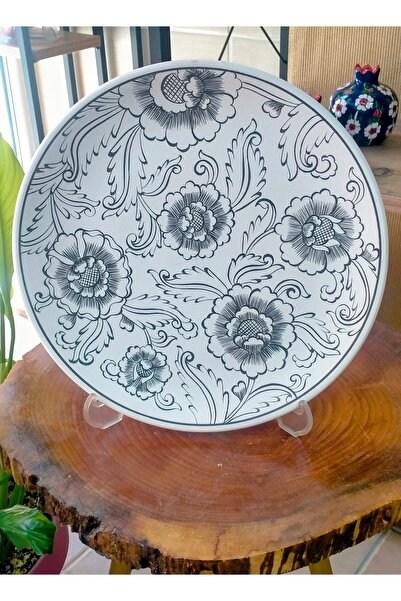 Çini İznik SiriuS el yapımı 25 cm çapında lotus çiçeği tahrirli (çizimli)tabak