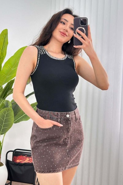 Hipo Trend Collar Stone Embellished Sleeveless Stylish Black Athlete Blouse