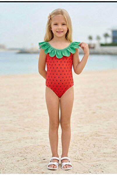SERRASTIL Girl's Strawberry Patterned Green Collared One-Piece Swimsuit