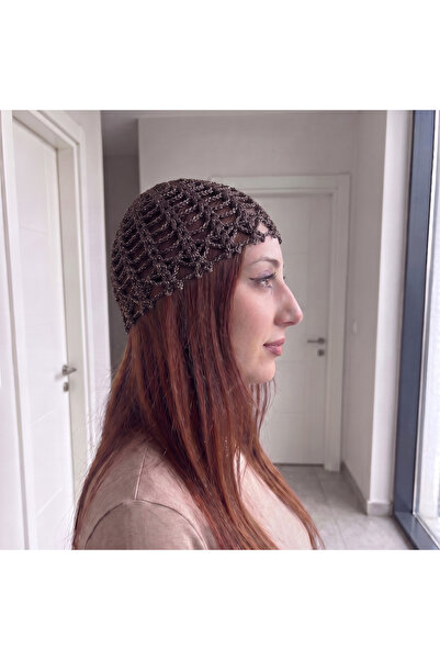 Ayona El Örgüsü Simli Kahverengi Başlık - Şapka - Head Piece