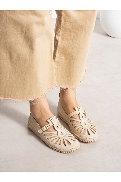 ALEMDAR AYAKKABI Shadow Cream Genuine Leather Women's Sandals