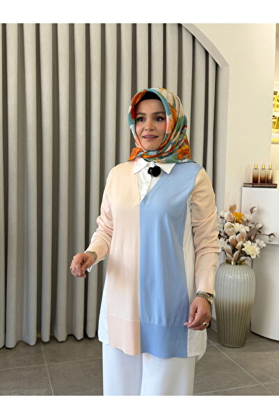Tığ Triko İKİ RENKLİ GÖMLEK YAKA TUNİK MAVİ
