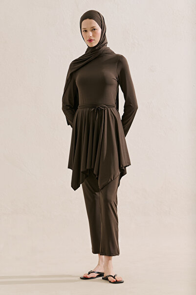Manuka Asymmetric Skirted Turkish Swimsuit Set Brown