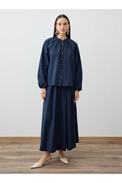 Refka Gold Buttoned Shirt & Skirt Set - Navy Blue -