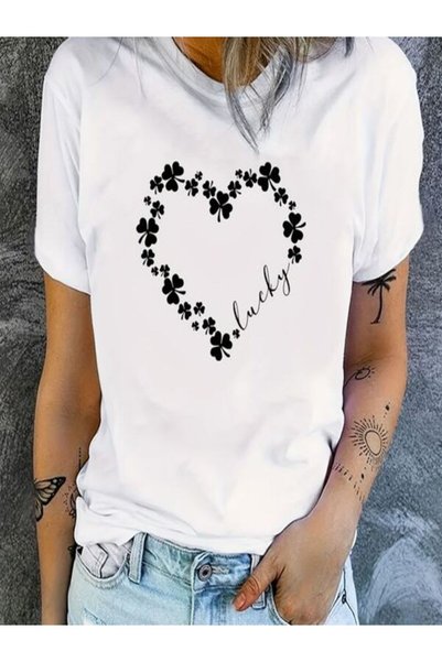 vorena Heart Pattern Printed White T-Shirt