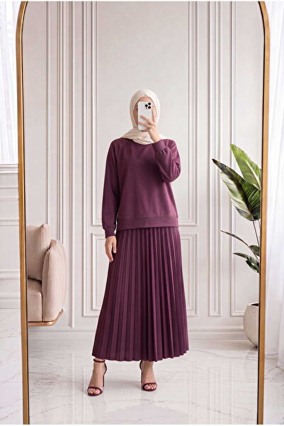 MİHRA STORE Talih Side Zippered Skirt Pleated Suit-Pa7066 Plum