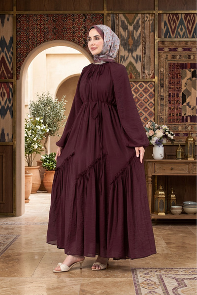 Sevitli Mira Hijab Dress with Gathered Skirt Detail-Mürdüm