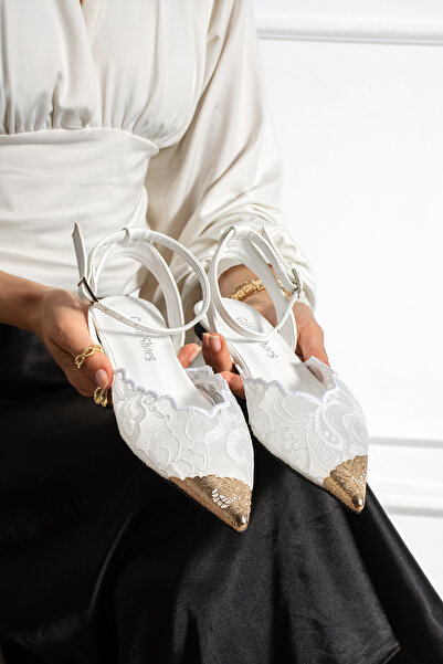 Güllü Shoes Women's White Lace Gold Detailed Pointed Toe Open Back Ankle Stra...