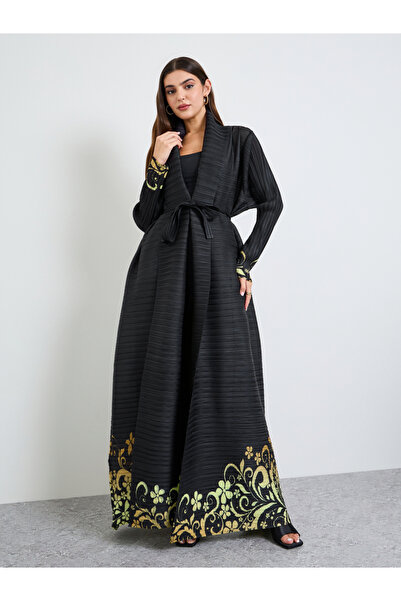 Take Two By Styli Printed Textured Pleated Open Front Abaya