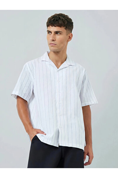 Styli Men Striped Resort Collar Cotton Linen Shirt