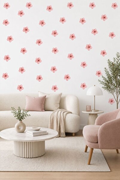 Göktuğ Hediyelik 25'li Açık Pastel Pembe Çiçek Sticker Seti | 6,5 cm Duvar, M...