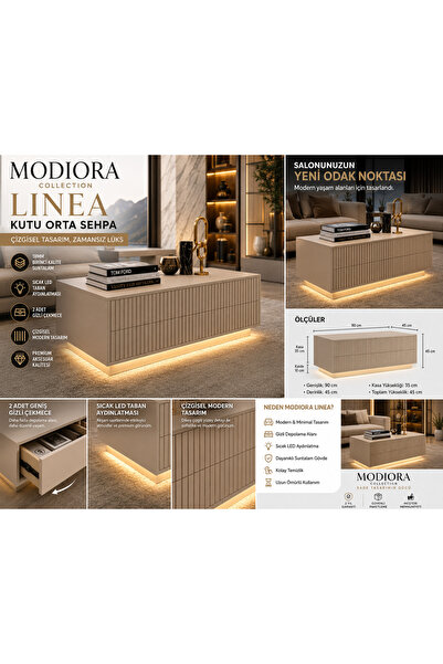 Modiora Kutu Orta Sehpa LED Aydınlatmalı Çıtalı Tasarım Gizli Çekmeceli Moder...