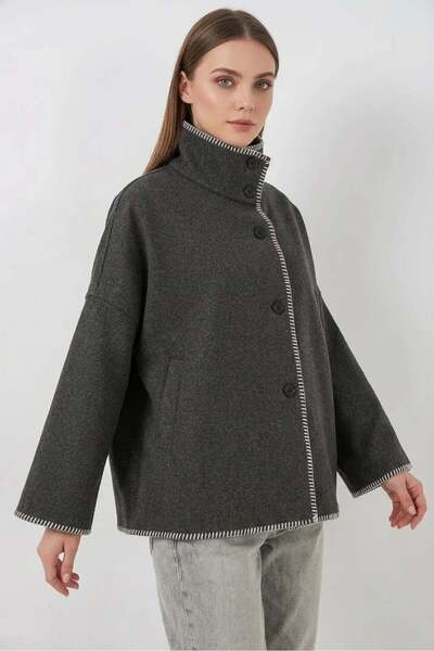 ALFA AKSESUAR 03 Women's Stand Collar Embroidered Cotton Anthracite Jacket