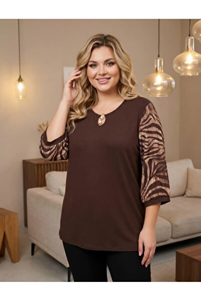 Te&Te Women's Plus Size Brown Blouse with Zebra Print Sleeves and Front Windo...