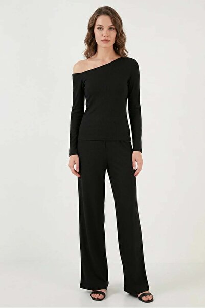ALFA AKSESUAR 03 Women's Asymmetrical Collar Off-Shoulder Black Suit
