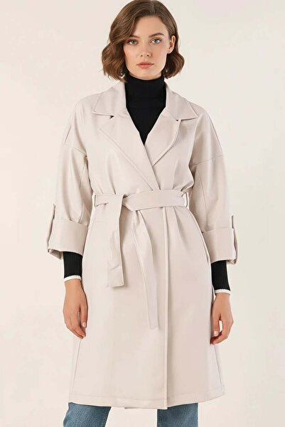 ALFA AKSESUAR 03 Women's Shirt Collar Belted Ecru Trench Coat