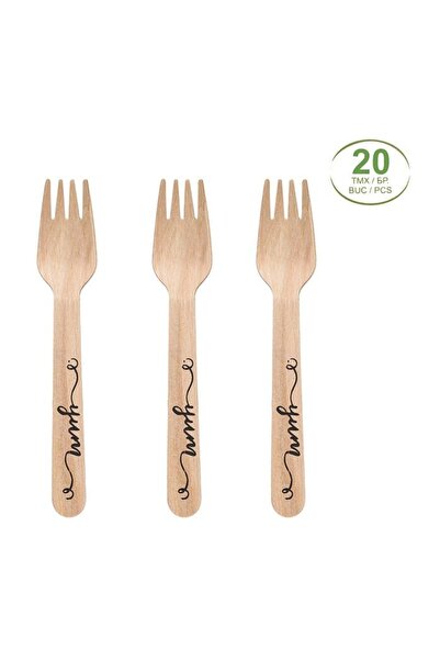 OEM Furculițe din Lemn cu Imprimeu Yum 16 cm, Set 20 buc, Tacâmuri de Petrecere