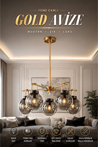 Elvora Home Modern (PREMİUM) Füme Camlı Gold Modern Avize Sarkıt Salon Avizes...