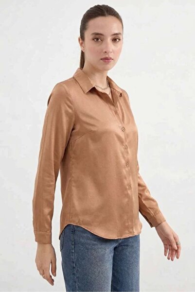 Generic Brand Women's Lightly Draped Satin Camel Shirt