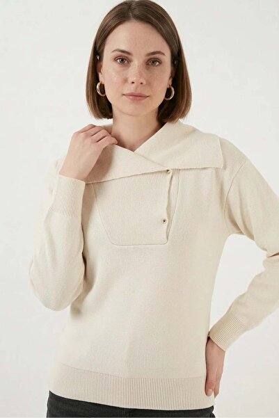 Generic Brand Women's Wide Collar Knitwear Cream Sweater