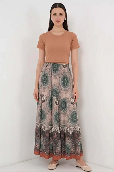 Generic Brand Women's Patterned Viscose Emerald Green Skirt