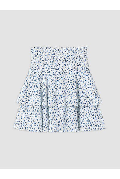 LC Waikiki Navy Blue Elastic Waist Floral Layered Short Skirt