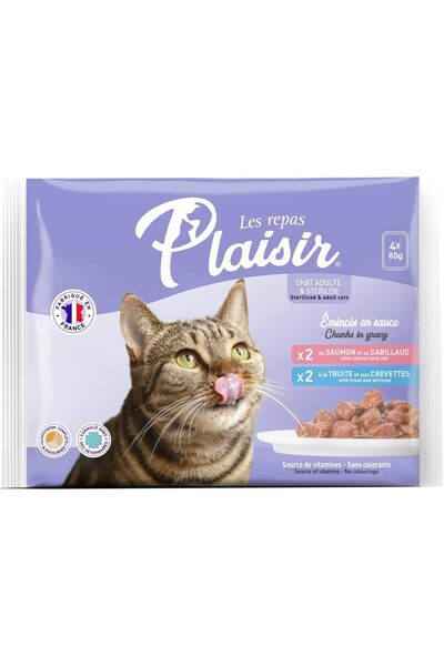 Plaisir Cats Chunks in Gravy 4 Pouches Pet Food of 85G, Wet Cat Food, 2x Salm...