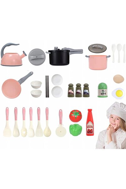 MalPlay Set 32 obiecte si ustensile de bucatarie pentru copii Pink, cu oale, ...