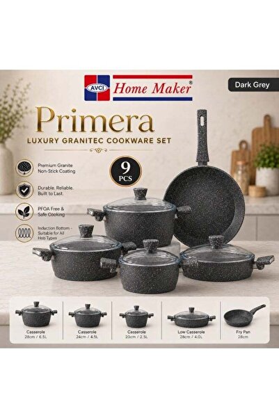 AVCI HOME MAKER Primera Luxury Granitec 9 Piece Non-Stick Cookware Set With G...