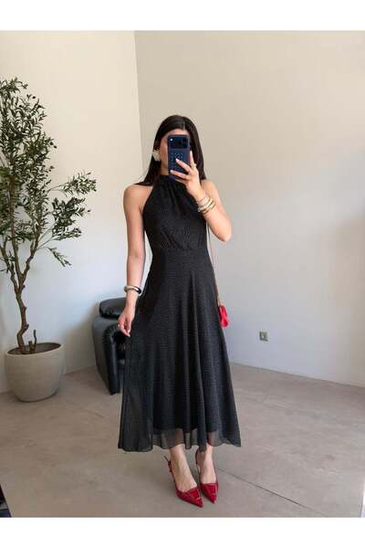 Bade Butik Black Polka Dot Belted Chiffon Dress