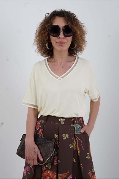 Zelish My Sister Tricou modal lavabil cu decolteu în V, cu sclipici galben