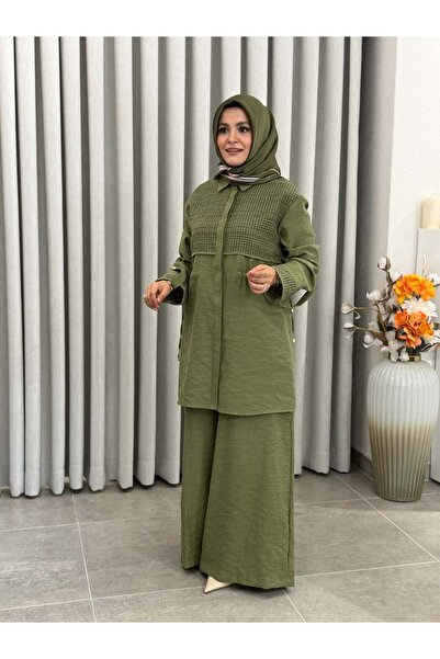 Armine TREND FİLE DETAYLI TENCEL PANTALONLU TAKIM ÇİMEN YEŞİLİ