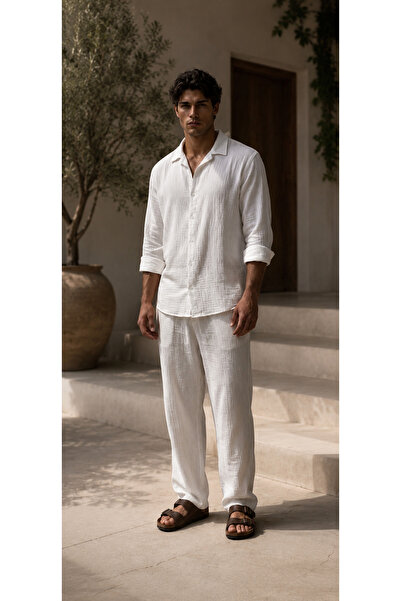 Shine Stone Men's White Wrinkled Fabric Linen Shirt and Trousers Set