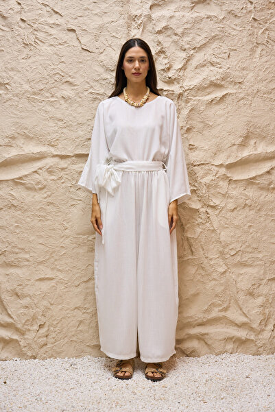 KÜÇÜĞÜM BUTİK White Linen Loose Blouse and Belted Loose Trousers Two-Piece Se...