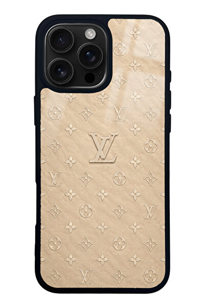 Spoyi iPhone 16 Pro Max Bej Gold LV Tasarımlı Glossy Telefon Kılıfı