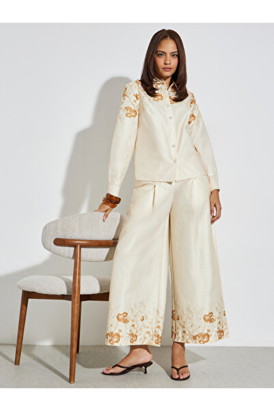 Styli Cream Printed Shirt and Wide Leg Pants Set