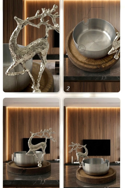 GO BLOBS Ashtray Metal Ash Tray Decorative Ashtray with Natural Wood Stand Dowry Gift - Luxury Deer Silver