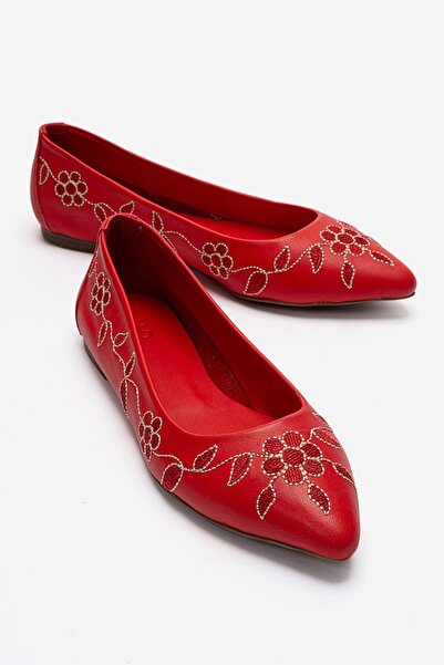 Zeynep Sıradağlı James Women's Genuine Leather Embroidered Ballerinas Red