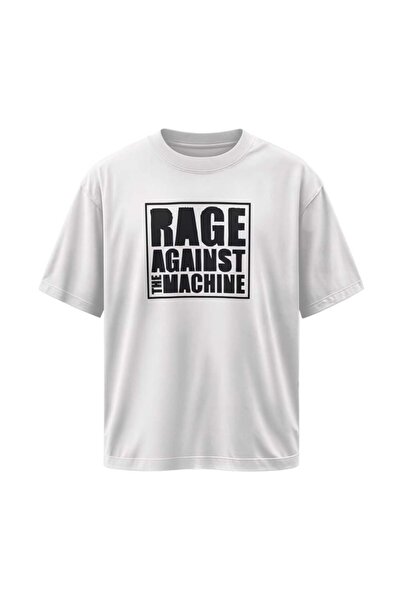buzagi tasarım ürünleri Rage Against the Machine Unisex Oversize White T-Shirt