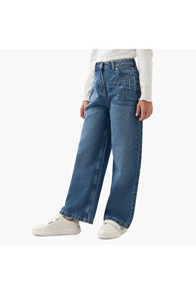 Juniors Girls Jeans with Embellishments - Cotton - Buttoned Waist - Regular