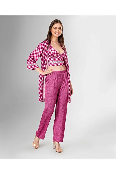 Loriva Women's 3-Piece Plaid Dressing Gown-Bustier, Long Pajama Set