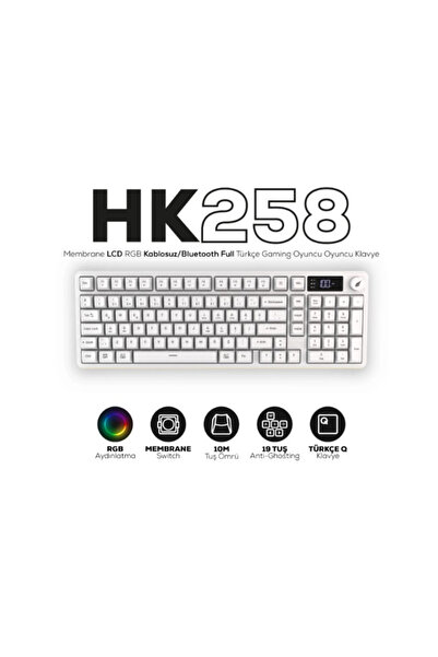 HAWK Gaming HK258 Membrane LCD RGB Kablosuz/Bluetooth Beyaz Full Türkçe Gamin...