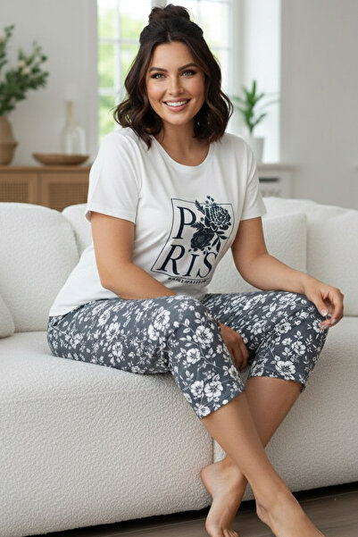 Siyah İnci Patterned Cotton Plus Size Oversized Knitted Capri Pajama Set