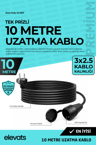 Elevats Premium Profesyonel 10 Mt. Dış Mekan Uzatma Kablosu | Tek Prizli | Ka...
